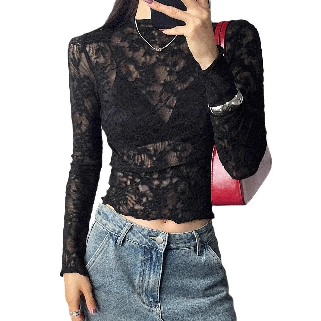 Women's small stand-up collar transparent lace tight long-sleeved T-shirt sold by Negative product image thumbnail 5