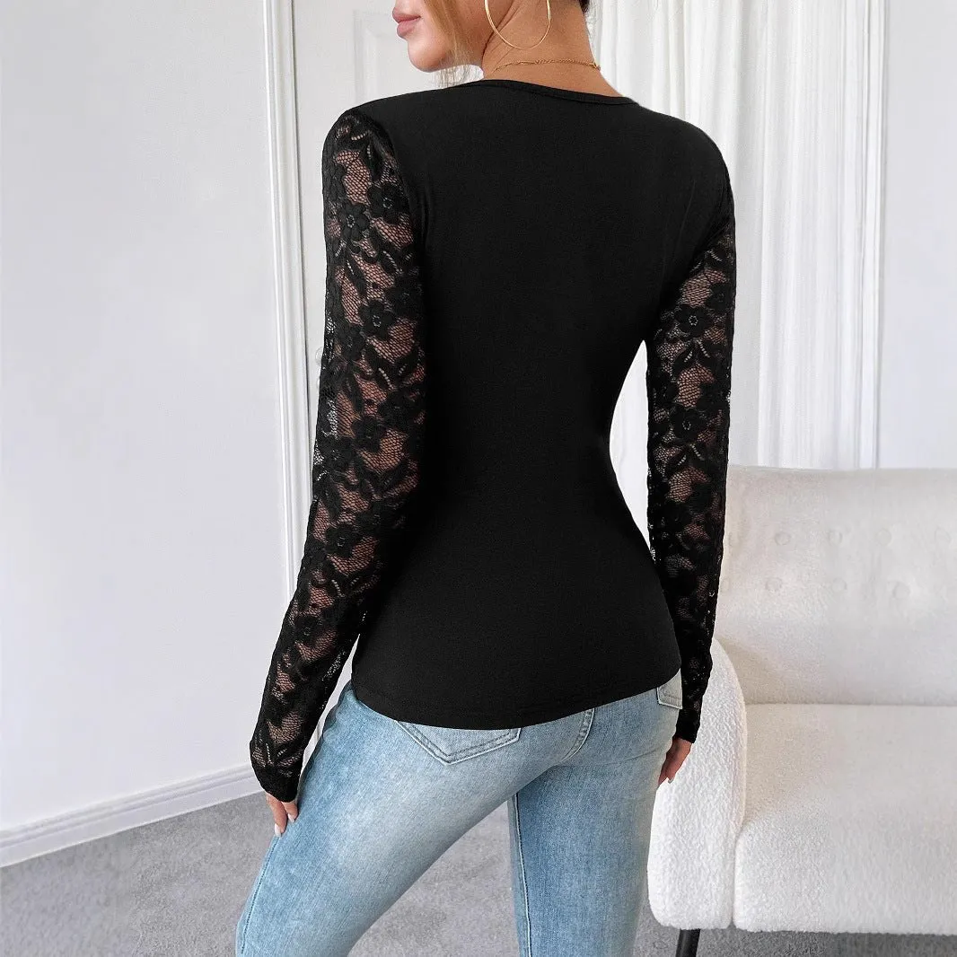 Women's solid color lace splicing long-sleeved slim T-shirt sold by Negative product image thumbnail 2