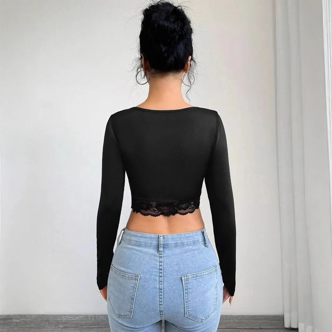 Women's deep V-neck long-sleeved lace patchwork pleated short T-shirt sold by Negative product image thumbnail 2