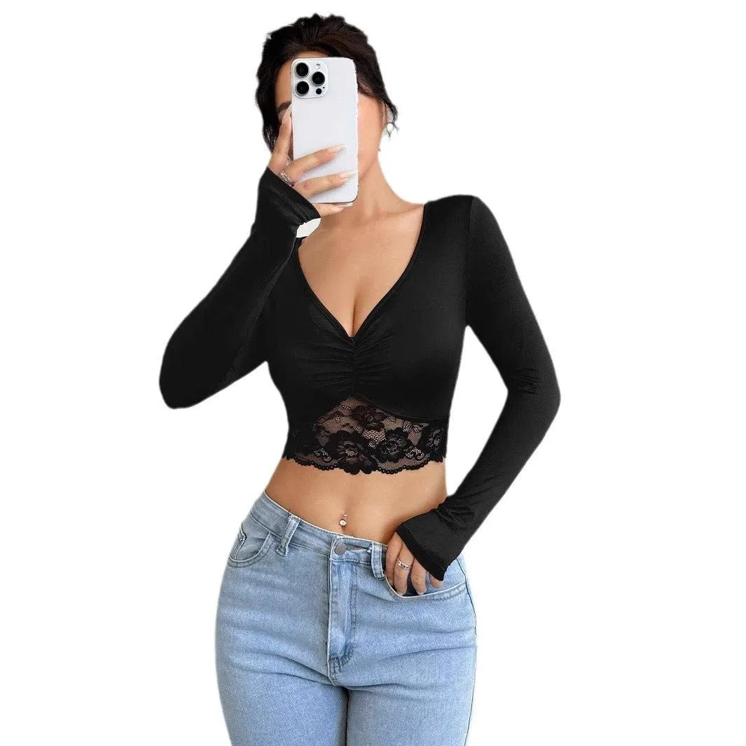 Women's deep V-neck long-sleeved lace patchwork pleated short T-shirt sold by Negative product image thumbnail 5