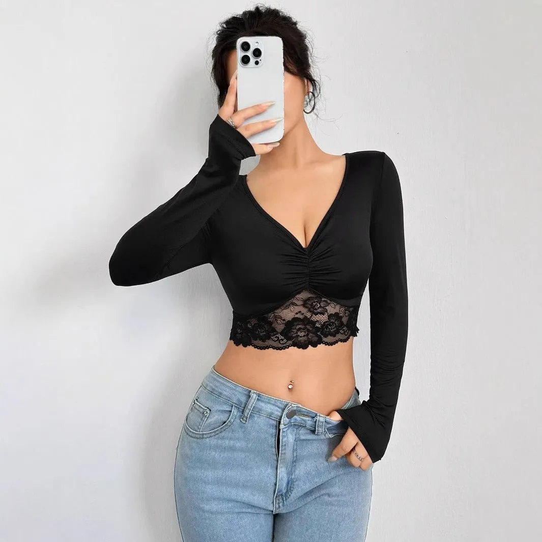 Women's deep V-neck long-sleeved lace patchwork pleated short T-shirt sold by Negative product image thumbnail 3