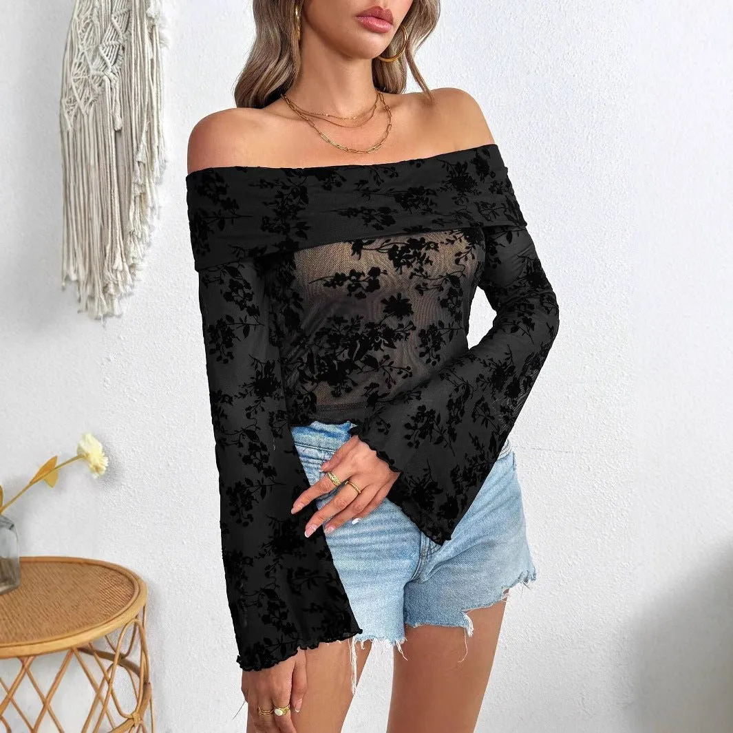 Women's Knitted Mesh Flocking Flower Printing Off-Shoulder Flared Sleeve Slim T-Shirt Top sold by Negative product image thumbnail 3