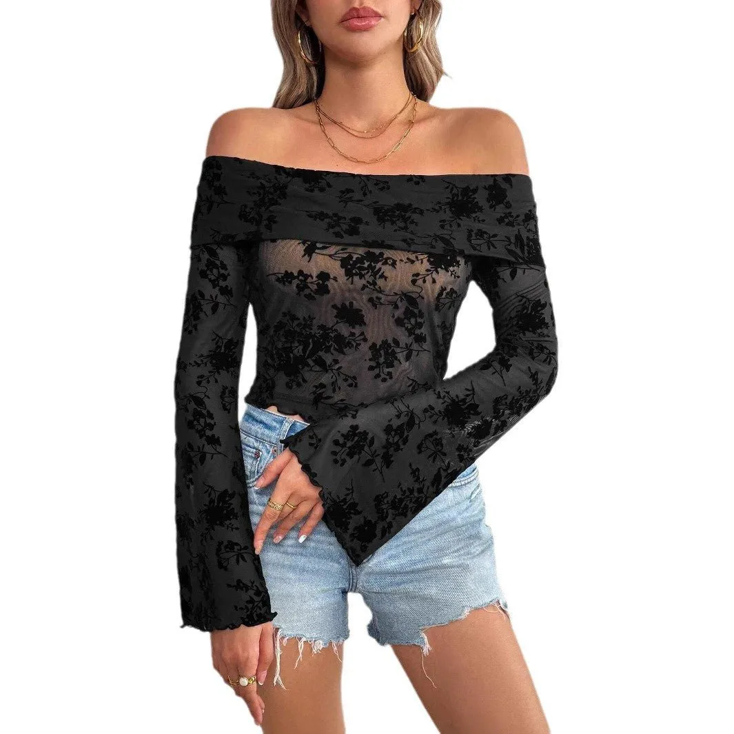 Women's Knitted Mesh Flocking Flower Printing Off-Shoulder Flared Sleeve Slim T-Shirt Top sold by Negative product image thumbnail 5