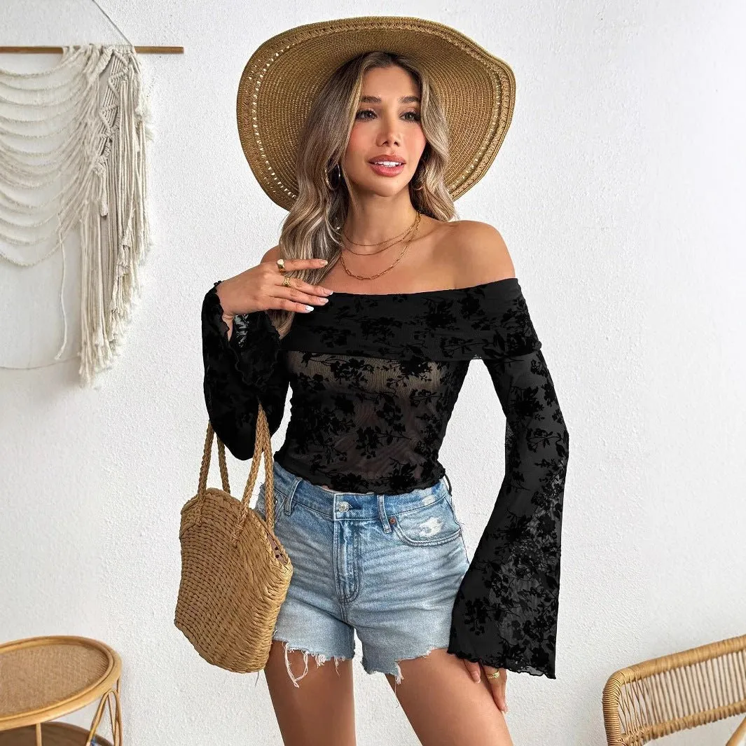 Women's Knitted Mesh Flocking Flower Printing Off-Shoulder Flared Sleeve Slim T-Shirt Top sold by Negative product image thumbnail 4