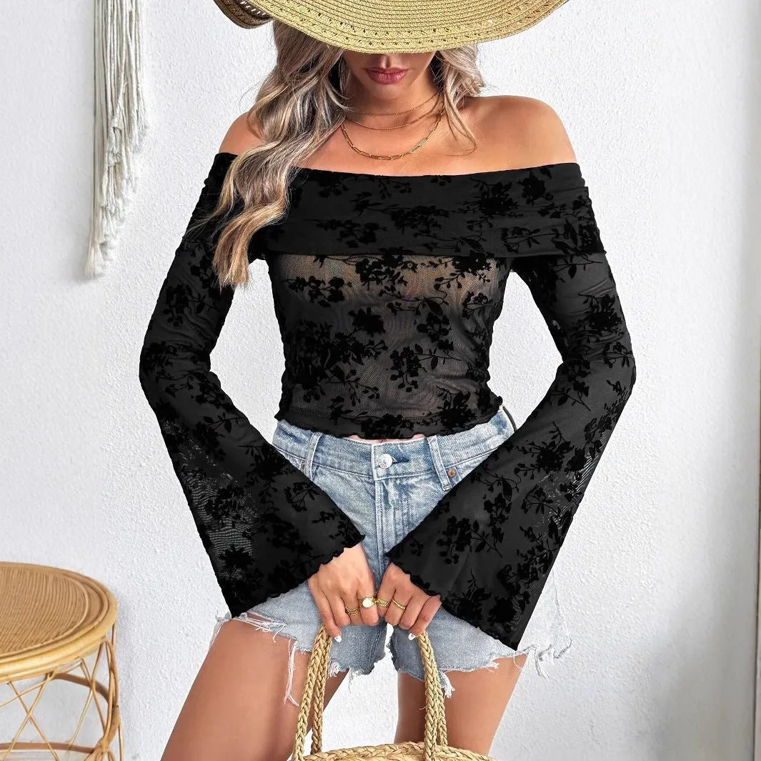 Women's Knitted Mesh Flocking Flower Printing Off-Shoulder Flared Sleeve Slim T-Shirt Top sold by Negative