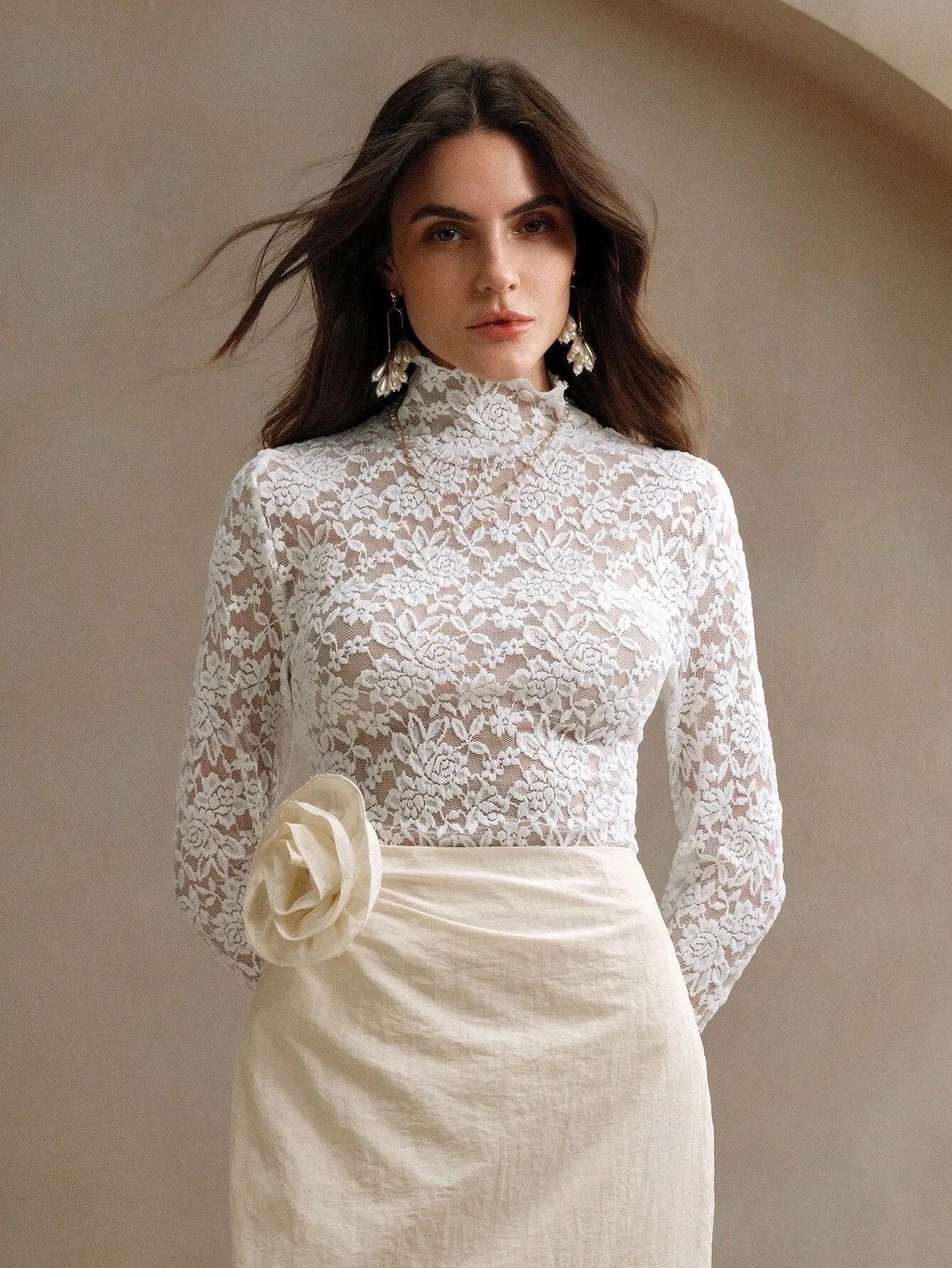 Women's French lace long-sleeved elastic turtleneck T-shirt top women sold by Negative product image thumbnail 3