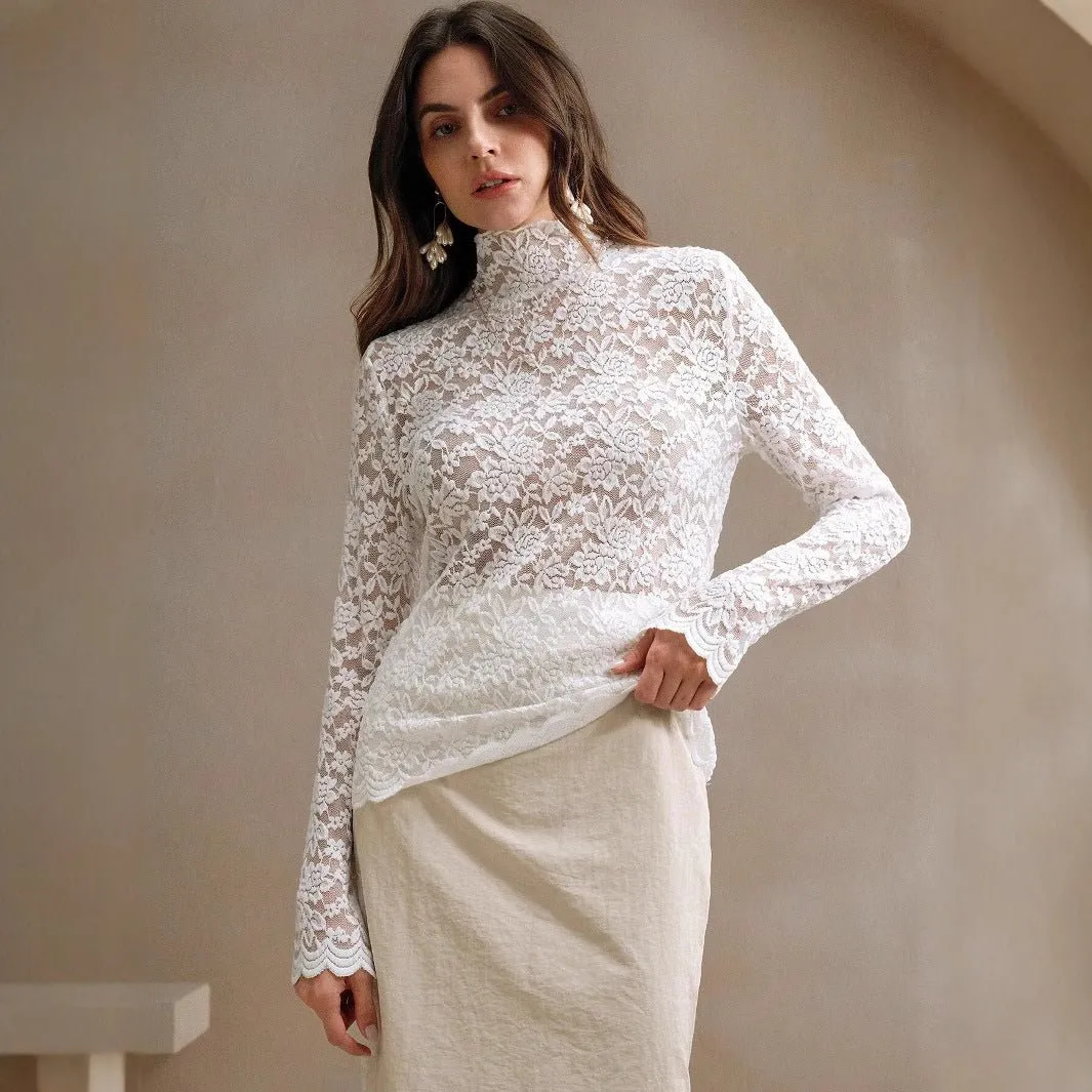 Women's French lace long-sleeved elastic turtleneck T-shirt top women sold by Negative product image thumbnail 2