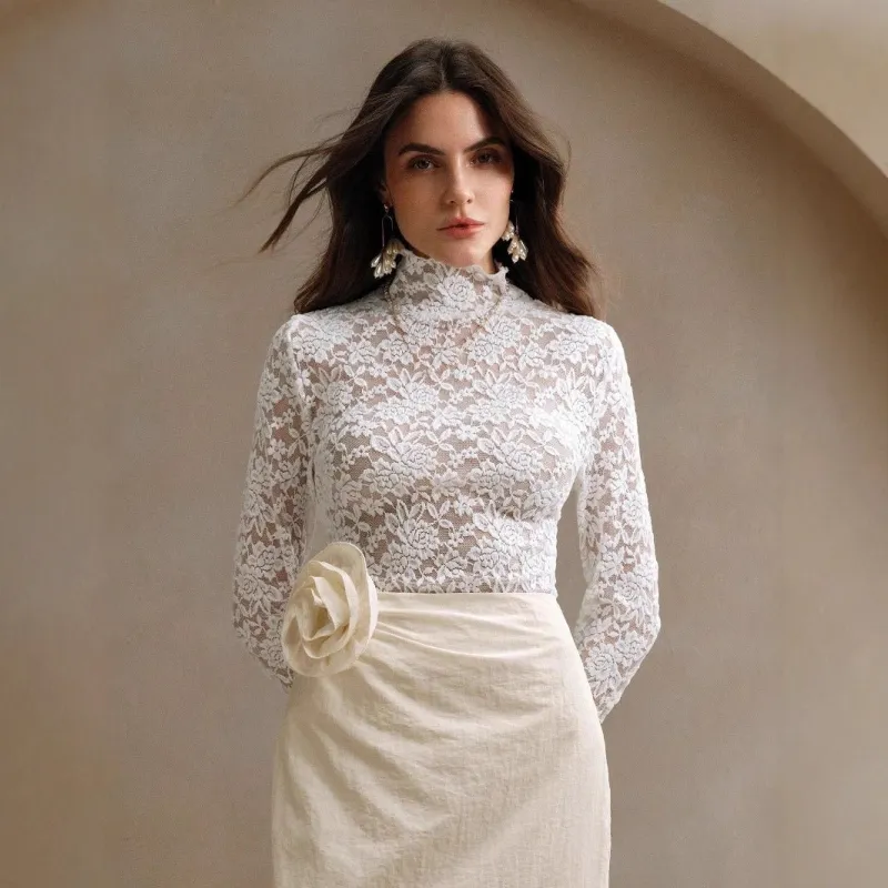 Women's French lace long-sleeved elastic turtleneck T-shirt top women made by Negative