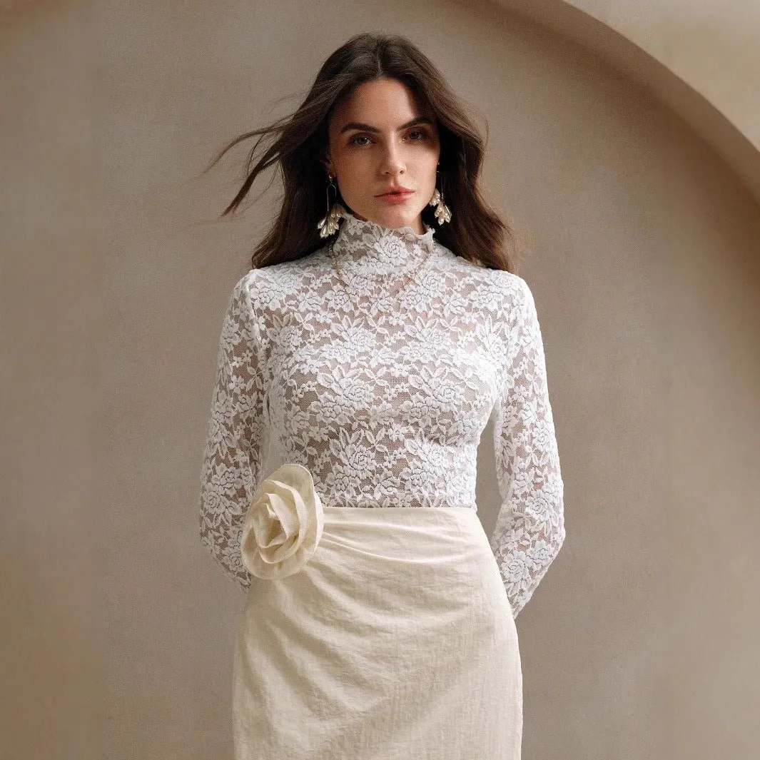 Women's French lace long-sleeved elastic turtleneck T-shirt top women sold by Negative