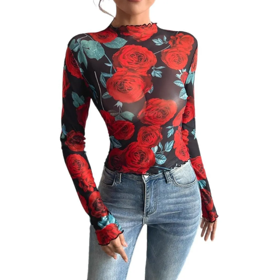 Women's transparent rose flower printing long-sleeved small stand-up collar mesh sold by Negative product image thumbnail 5