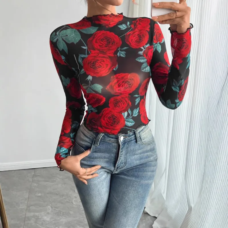 Women's transparent rose flower printing long-sleeved small stand-up collar mesh made by Negative