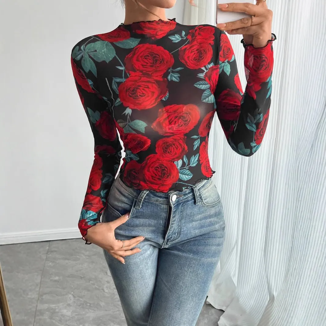 Women's transparent rose flower printing long-sleeved small stand-up collar mesh sold by Negative