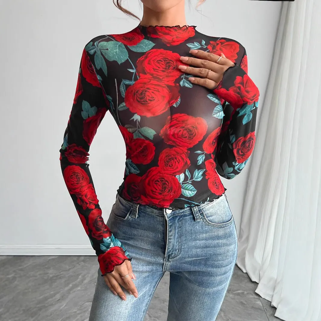 Women's transparent rose flower printing long-sleeved small stand-up collar mesh sold by Negative product image thumbnail 4