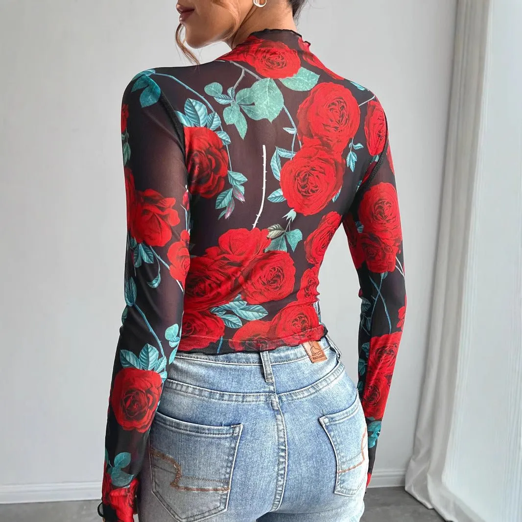 Women's transparent rose flower printing long-sleeved small stand-up collar mesh sold by Negative product image thumbnail 2