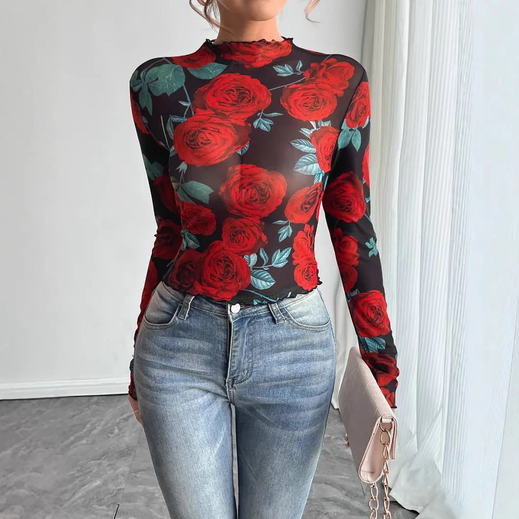 Women's transparent rose flower printing long-sleeved small stand-up collar mesh sold by Negative product image thumbnail 3