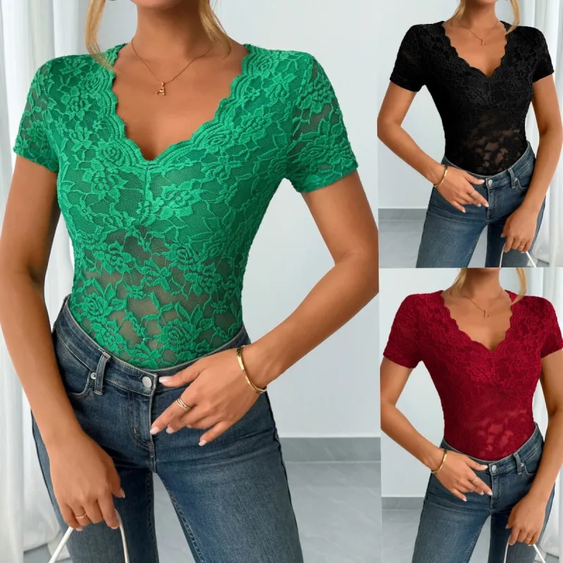Women's solid color sexy lace V-neck short-sleeved lace bottoming shirt made by Negative