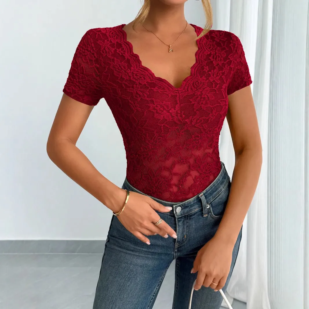 Women's solid color sexy lace V-neck short-sleeved lace bottoming shirt sold by Negative product image thumbnail 2