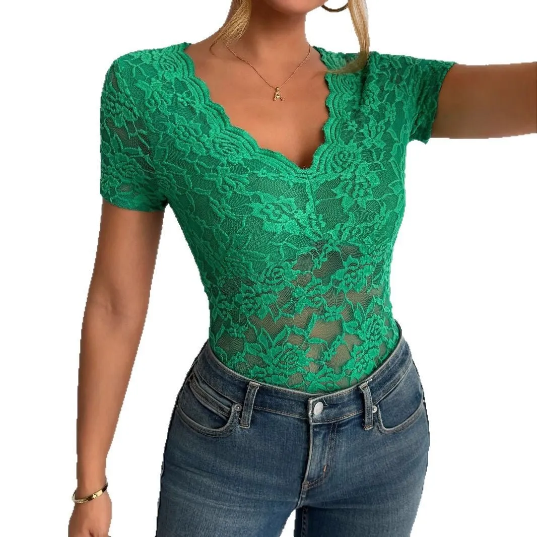 Women's solid color sexy lace V-neck short-sleeved lace bottoming shirt sold by Negative product image thumbnail 5