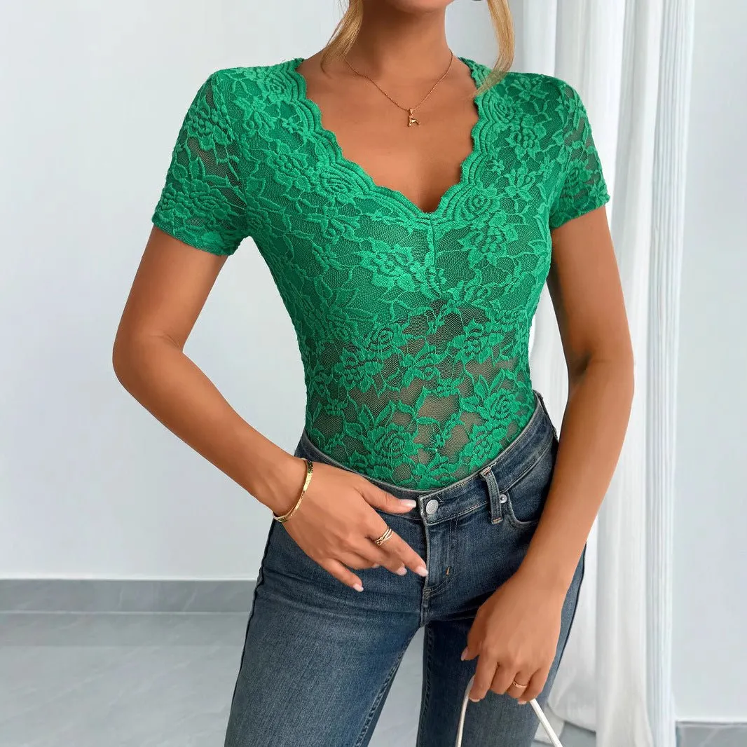 Women's solid color sexy lace V-neck short-sleeved lace bottoming shirt sold by Negative product image thumbnail 4