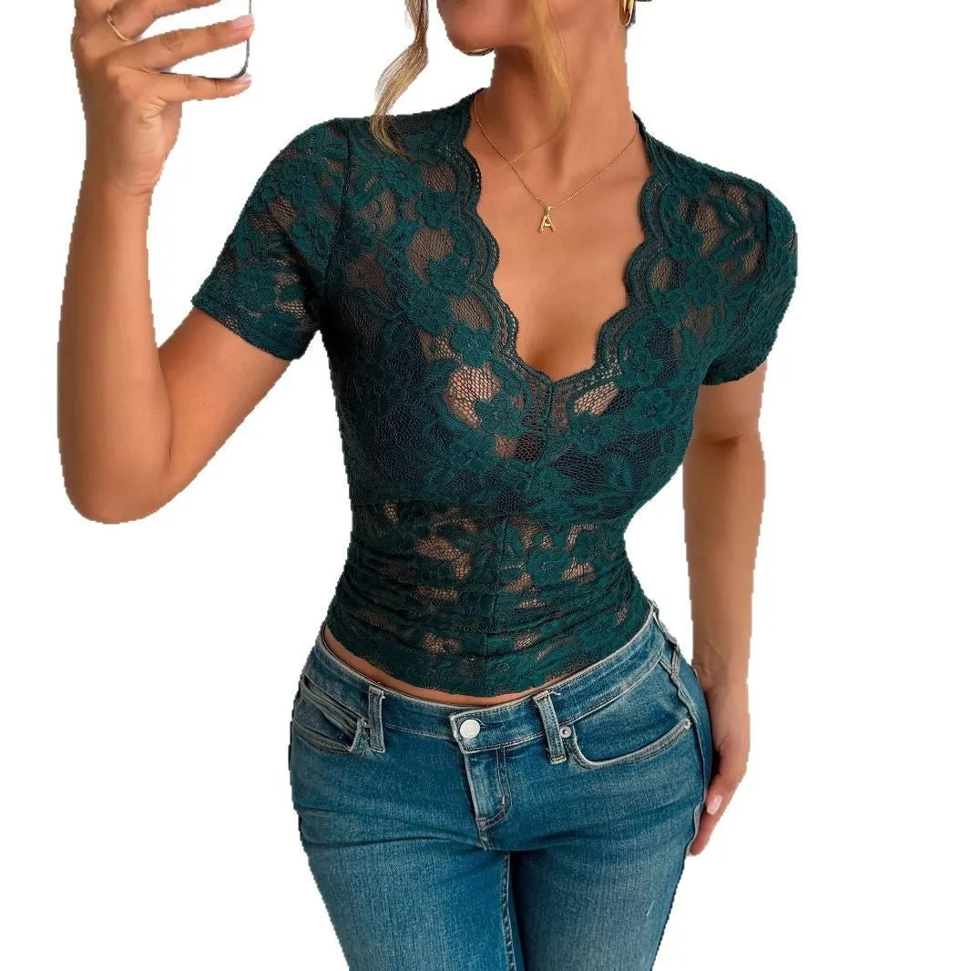 Solid color slim-fitting V-neck short-sleeved bottoming shirt sold by Negative product image thumbnail 5