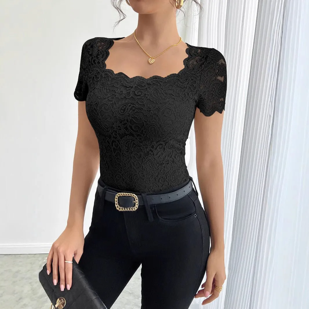 Women's solid color lace slim square neighbor short-sleeved T-shirt top sold by Negative