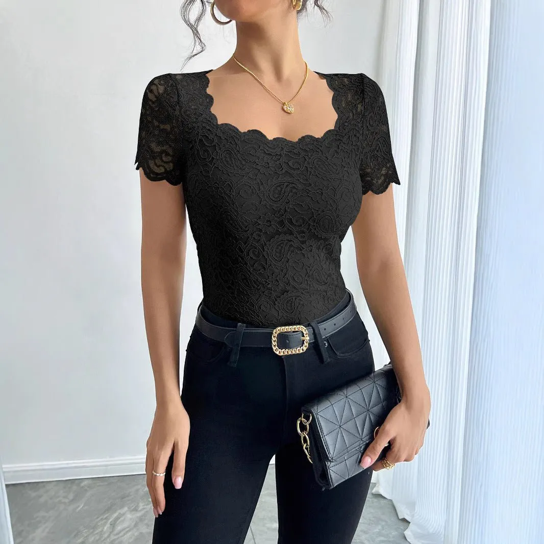 Women's solid color lace slim square neighbor short-sleeved T-shirt top sold by Negative product image thumbnail 2