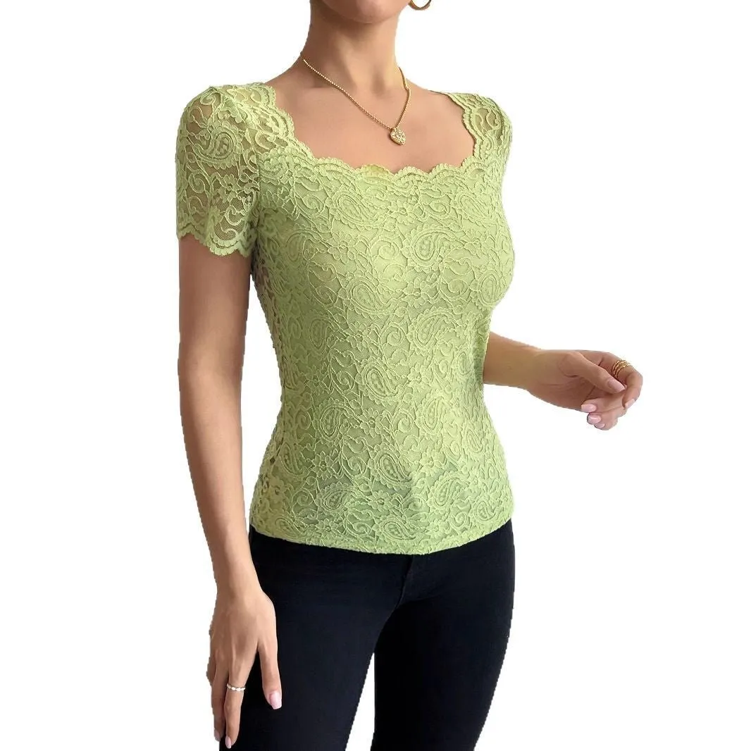 Women's solid color lace slim square neighbor short-sleeved T-shirt top sold by Negative product image thumbnail 3