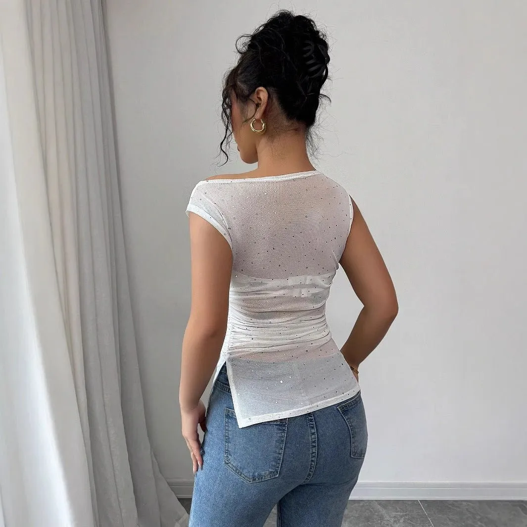 Women's sequins decorative pleats oblique collar pleats hem T-shirt sold by Negative product image thumbnail 2