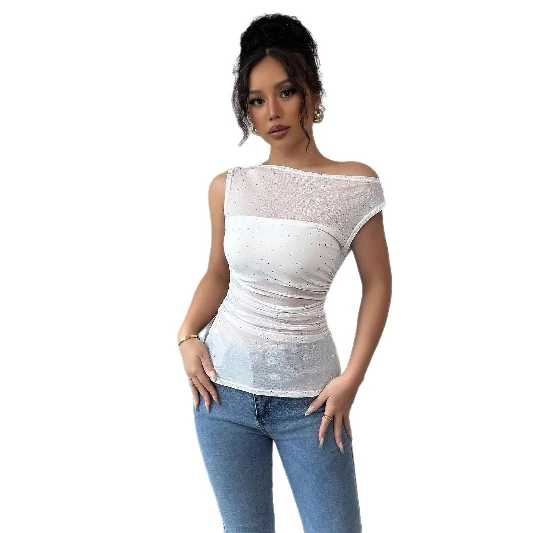 Women's sequins decorative pleats oblique collar pleats hem T-shirt sold by Negative product image thumbnail 5