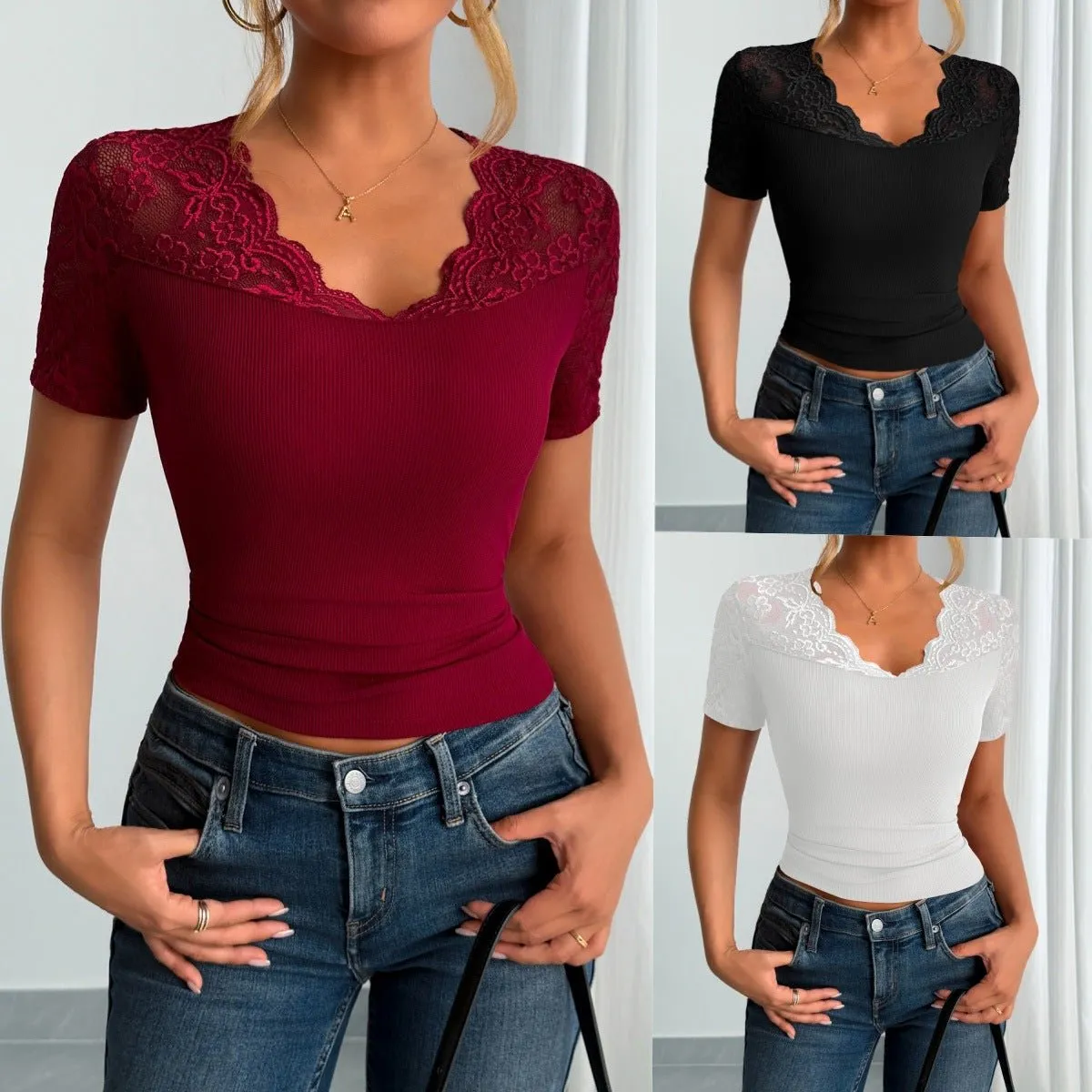 Neckline cuffs splicing lace lace short-sleeved clothes spring sold by Negative