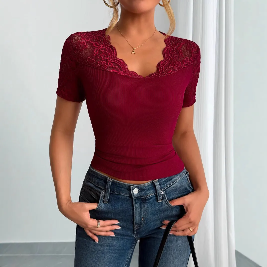 Neckline cuffs splicing lace lace short-sleeved clothes spring sold by Negative product image thumbnail 4