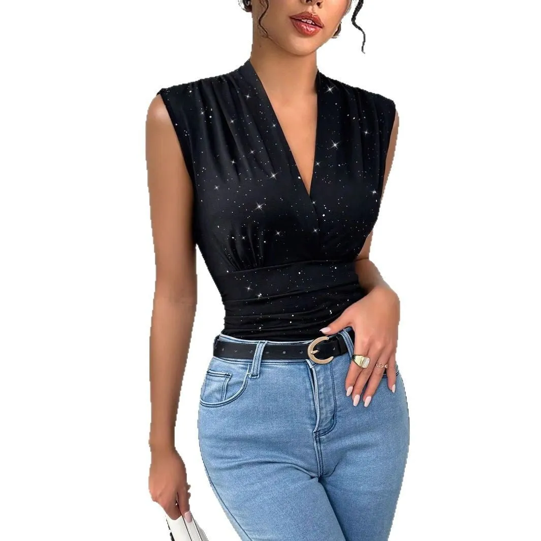 Women's V-neck shiny sequined decorative sleeveless top sold by Negative product image thumbnail 5