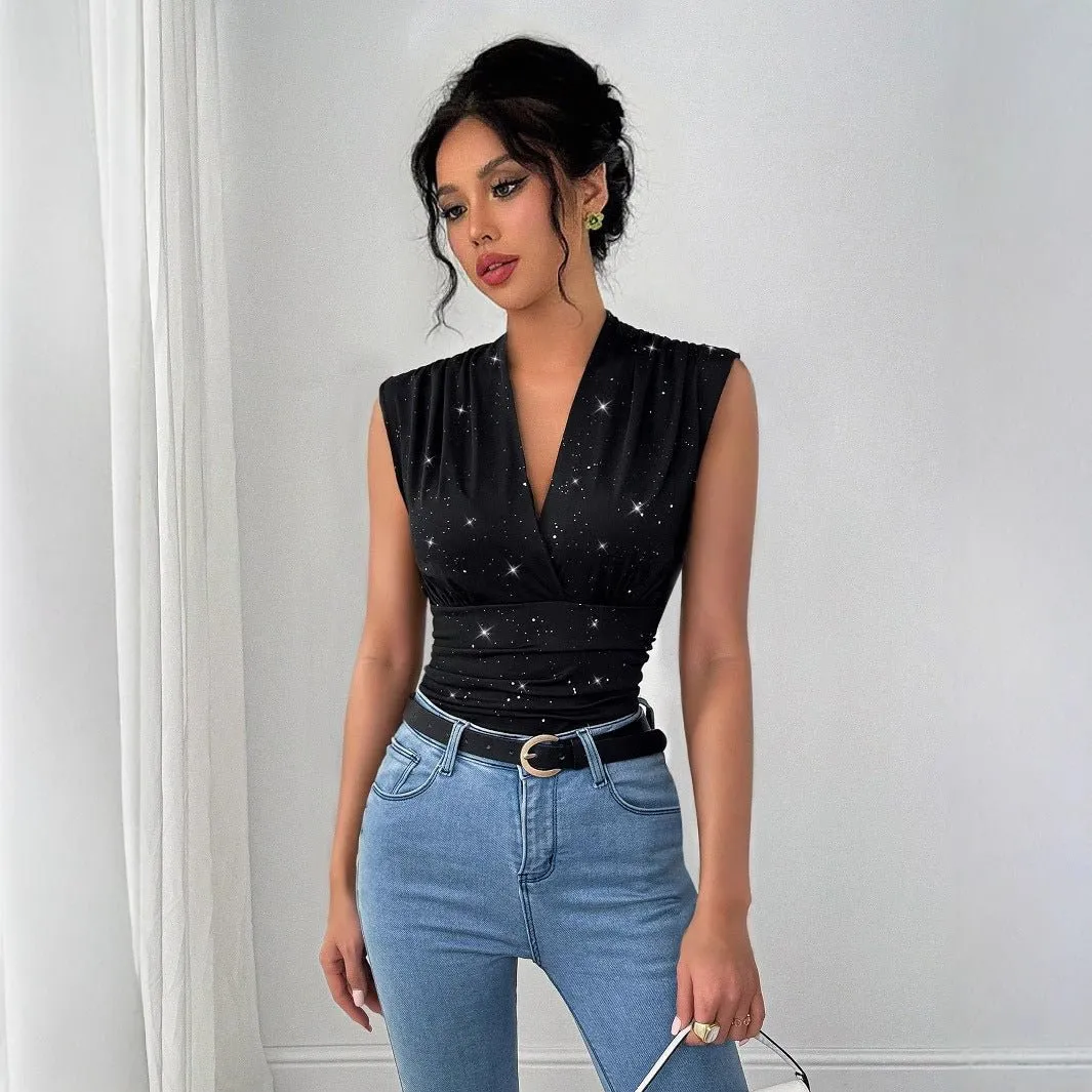 Women's V-neck shiny sequined decorative sleeveless top sold by Negative product image thumbnail 3