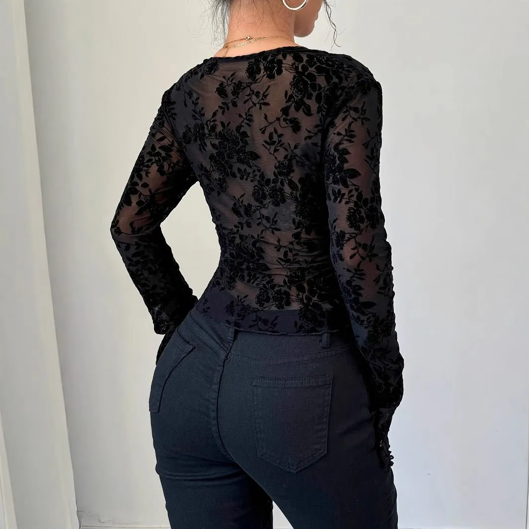 Women's V-neck lace mesh horn sleeve T-shirt top women sold by Negative product image thumbnail 4