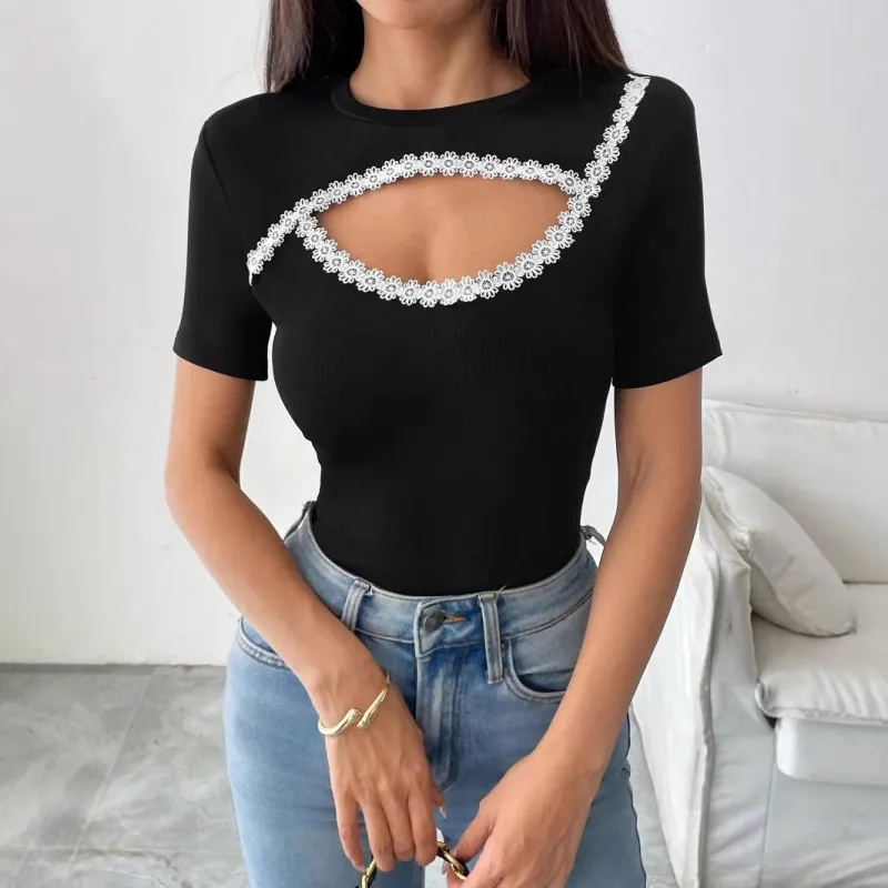 Solid color decorative applique round neck short sleeve fashion T-shirt top made by Negative