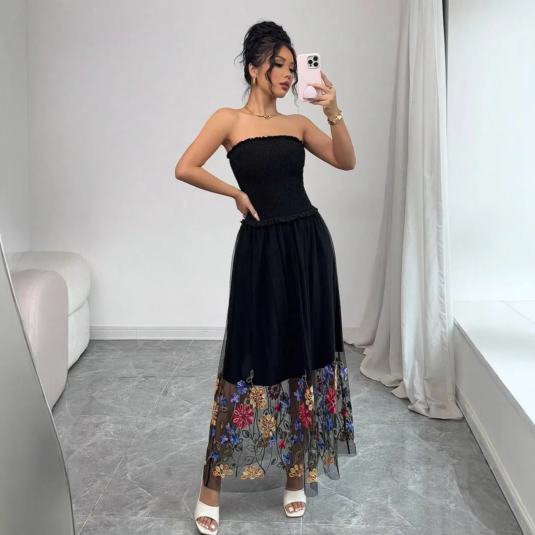 The Embroidered Whisper | Women's Floral Embroidered Strapless Maxi Dress sold by Negative product image thumbnail 4