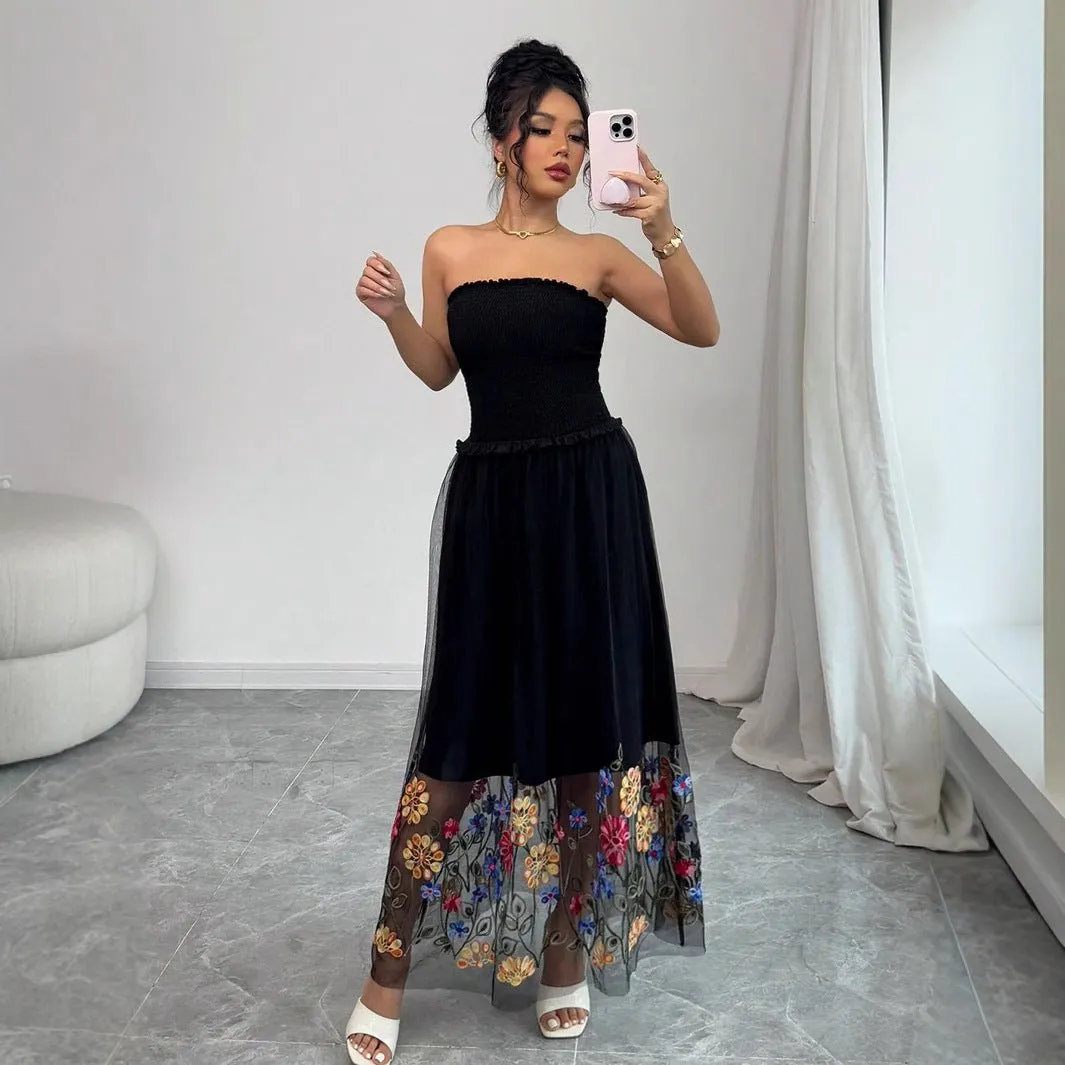 The Embroidered Whisper | Women's Floral Embroidered Strapless Maxi Dress sold by Negative