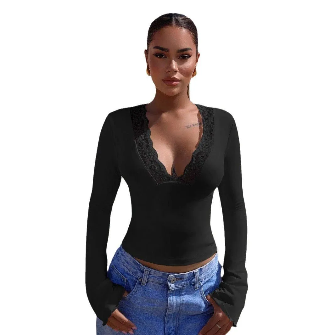 V-neck splicing lace sexy spice girl long-sleeved slim top sold by Negative product image thumbnail 5