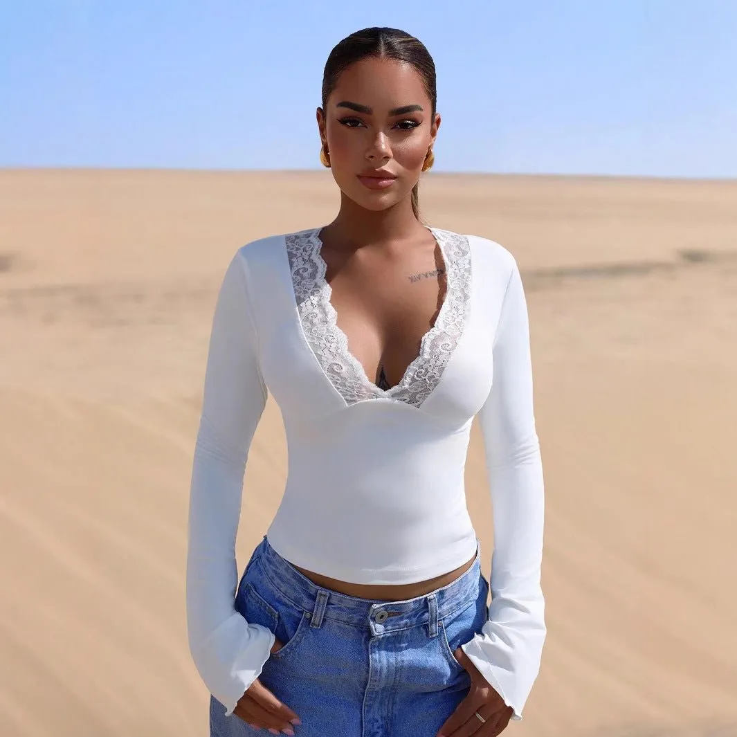 V-neck splicing lace sexy spice girl long-sleeved slim top sold by Negative product image thumbnail 3