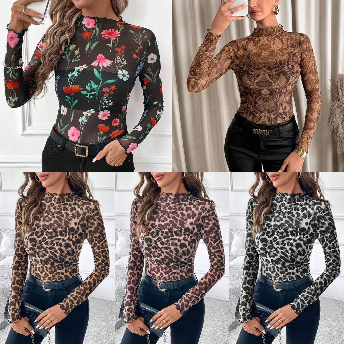 Women's sexy sense leopard print mesh fungus edge tights T-shirt top sold by Negative