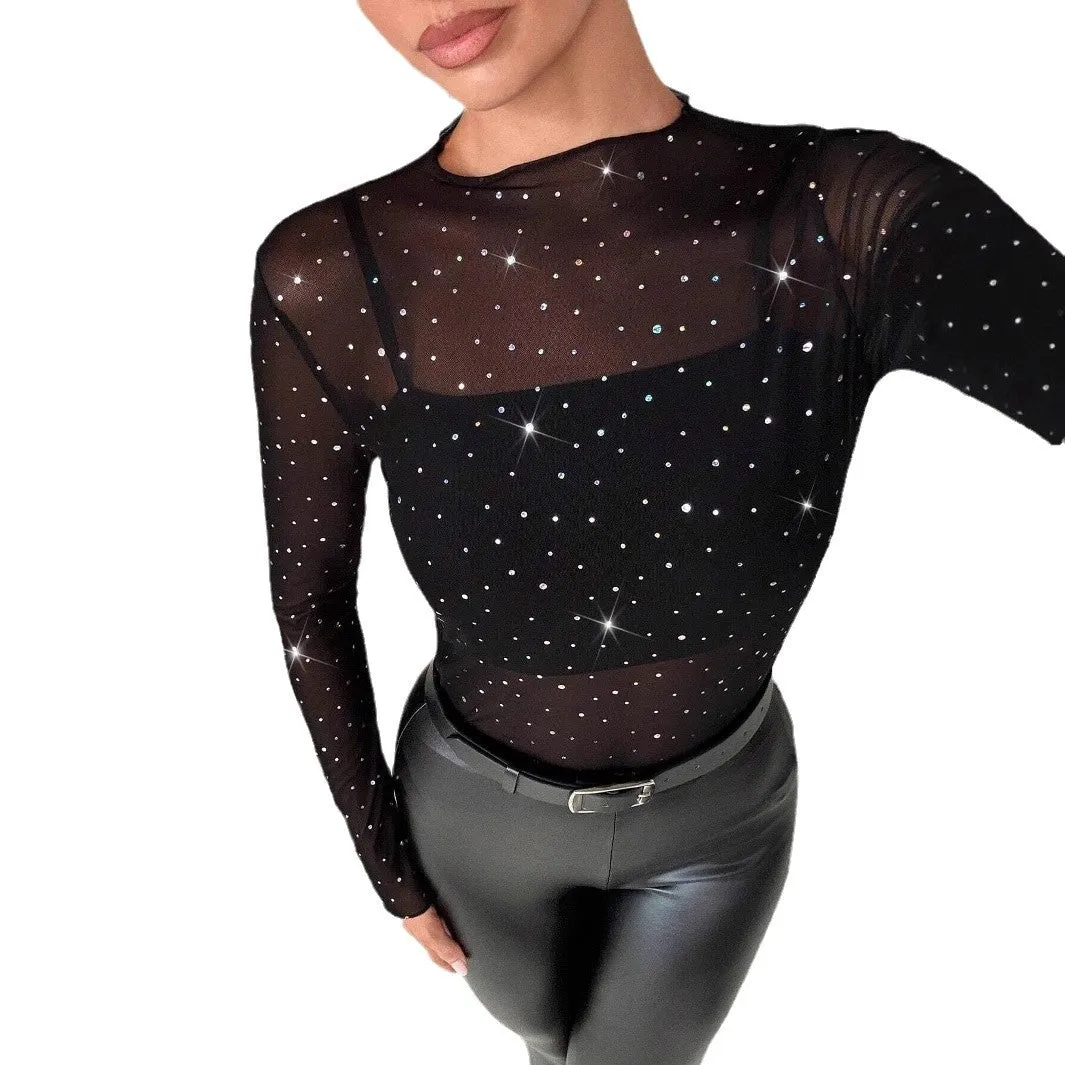 Women's small stand-up collar long-sleeved mesh sand transparent rhinestone decorative T-shirt top sold by Negative product image thumbnail 5