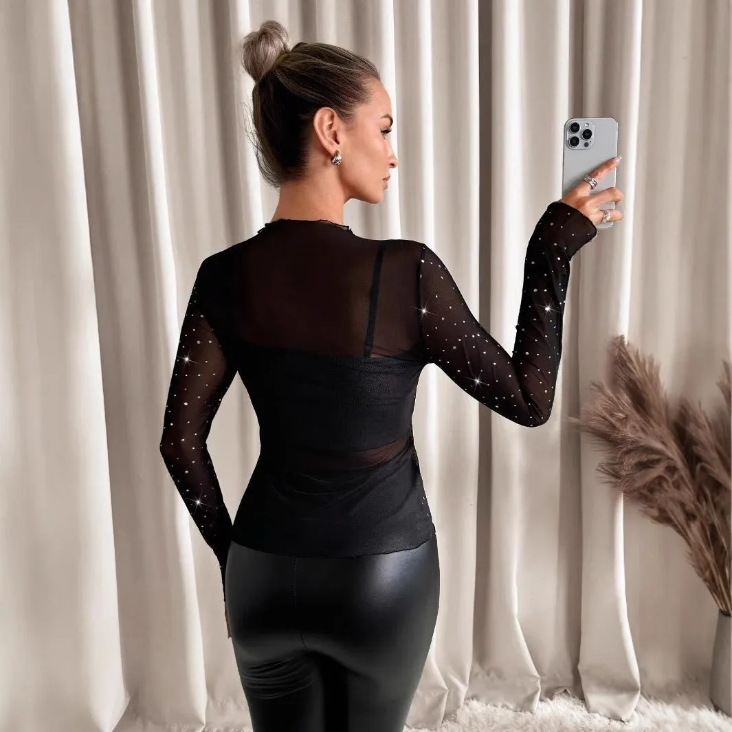 Women's small stand-up collar long-sleeved mesh sand transparent rhinestone decorative T-shirt top sold by Negative product image thumbnail 2