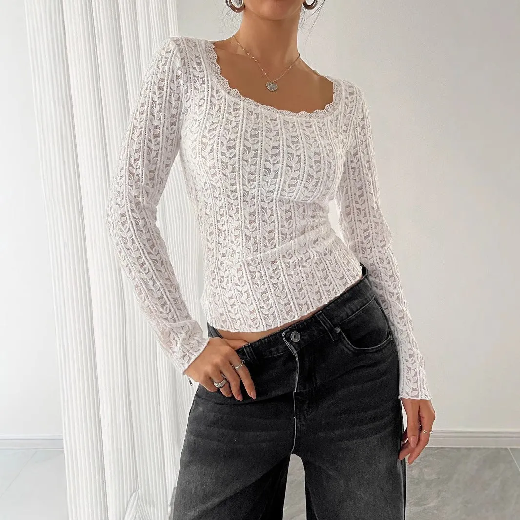 Women's U-neck long-sleeved lace trim T-shirt top women sold by Negative product image thumbnail 2