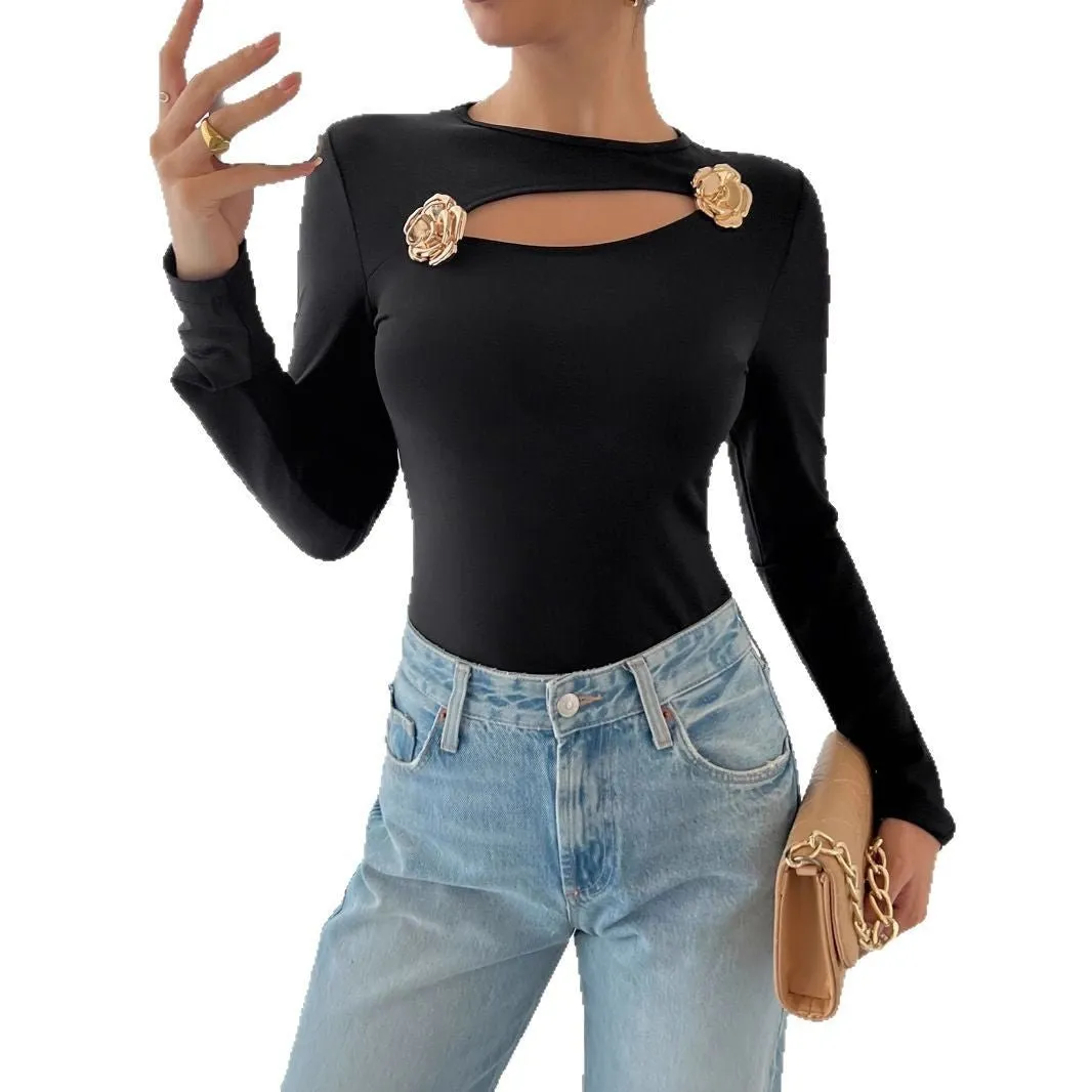 Women's hollow rose metal decoration black tight long-sleeved T-shirt top sold by Negative product image thumbnail 5