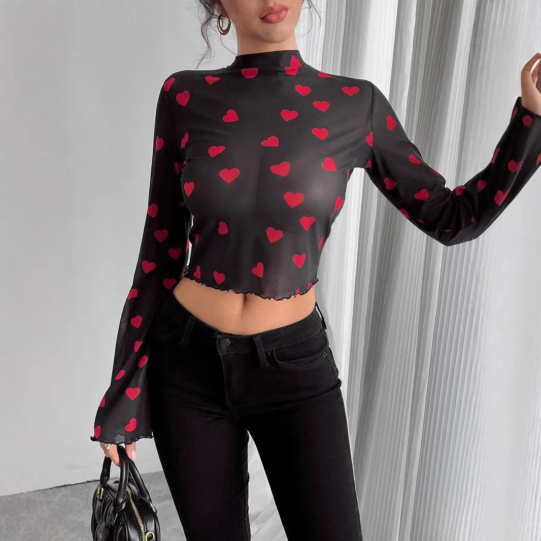 Women's mesh printing crew neck flared sleeve long sleeve T-shirt sold by Negative product image thumbnail 4