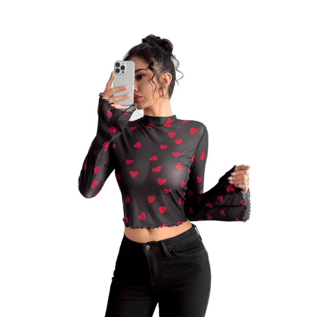 Women's mesh printing crew neck flared sleeve long sleeve T-shirt sold by Negative product image thumbnail 5