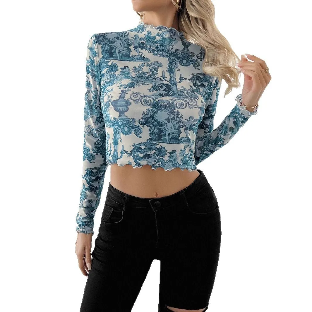 Women's transparent blue printed long-sleeved small stand-up collar mesh short T-shirt sold by Negative product image thumbnail 5