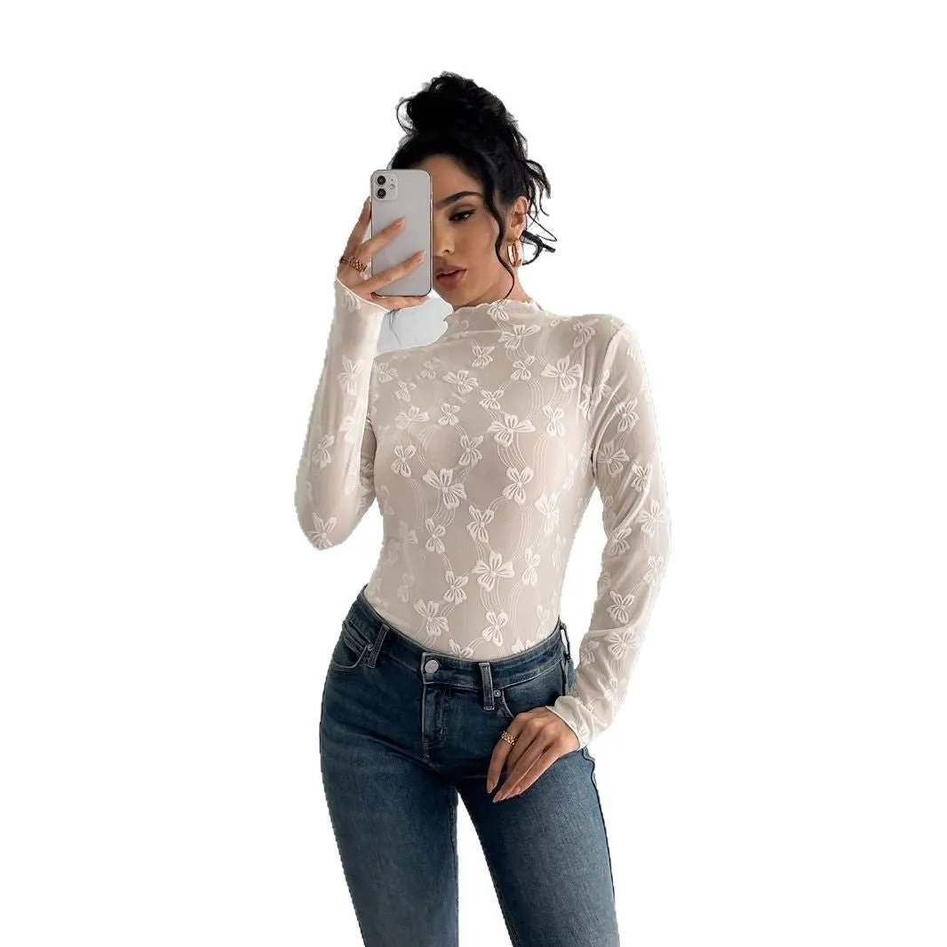 Women's butterfly jacquard mesh slim-fit small stand-up collar long-sleeved T-shirt top sold by Negative product image thumbnail 5