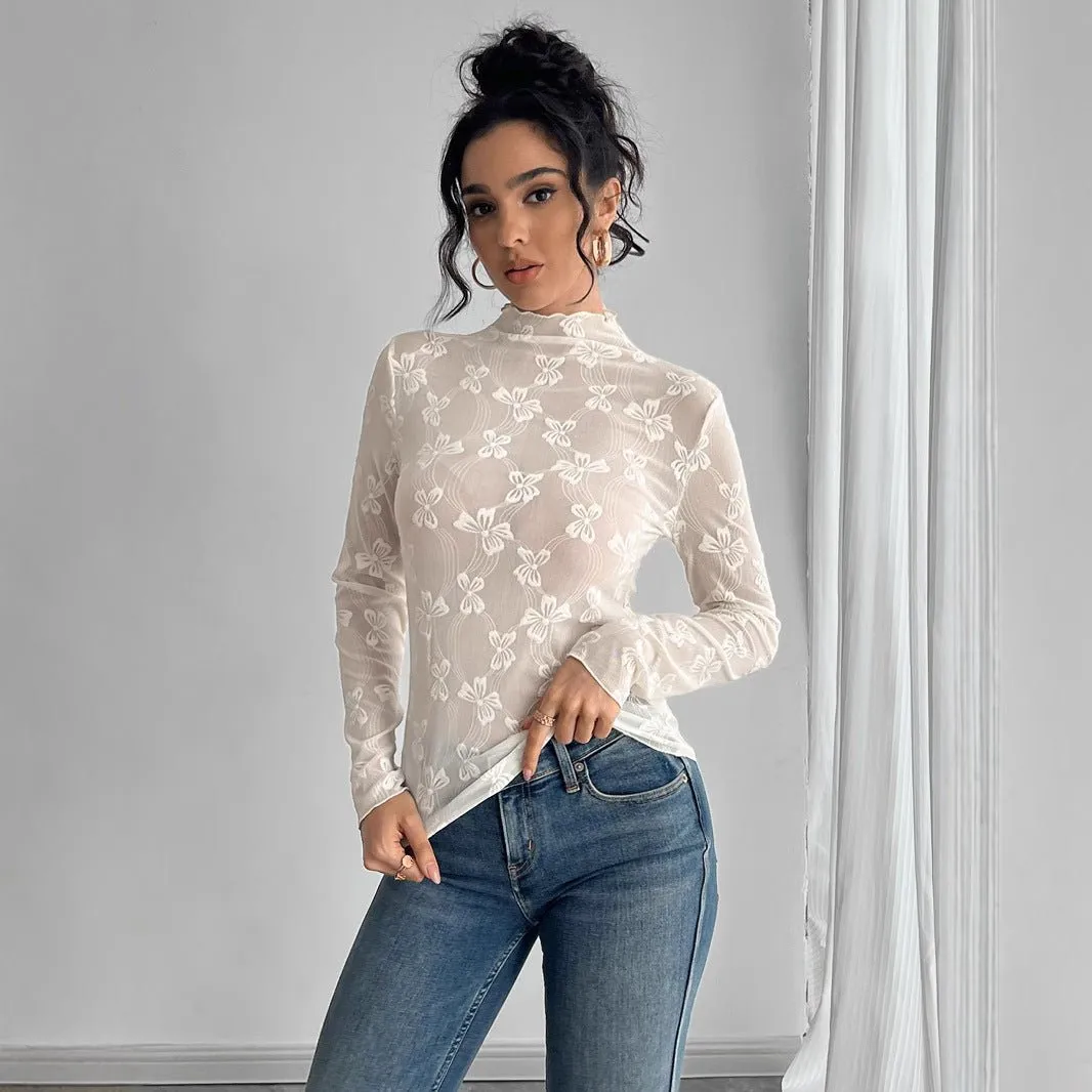 Women's butterfly jacquard mesh slim-fit small stand-up collar long-sleeved T-shirt top sold by Negative product image thumbnail 3