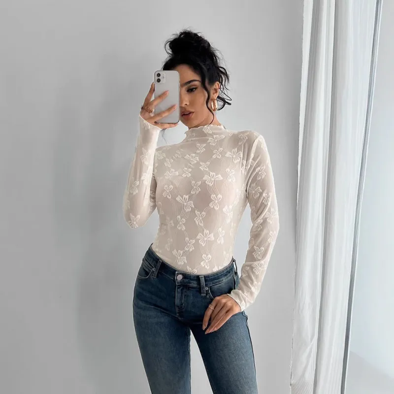 Women's butterfly jacquard mesh slim-fit small stand-up collar long-sleeved T-shirt top sold by Negative